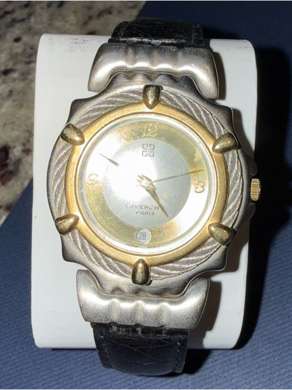 Vintage Givenchy Paris Two-Tone Gold and Silver Dial Watch with Black Leather - Picture 3 of 9